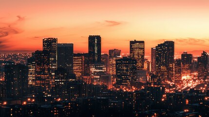 Obraz premium Dazzling City Skyline at Sunset with Bright Illuminated Buildings