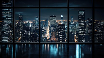 Stunning Night Skyline View from Modern High-Rise Window in NYC