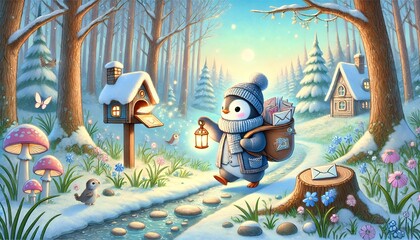 A Serene Journey of a Penguin Postman Delivering Magical Letters in a Snow-Melting Forest on a Warm Sunny Day