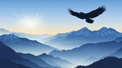 Majestic Eagle Soaring Above Serene Mountain Landscape at Sunrise