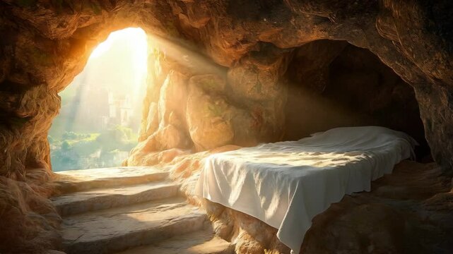 Empty tomb with light shining from inside. Resurrection Of Jesus Christ. Easter, Good Friday, Palm Sunday. Christian symbol, religious concept