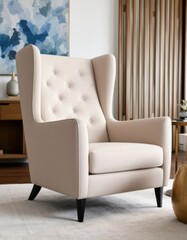 Elegant Cream Wingback Armchair in Modern Living Room