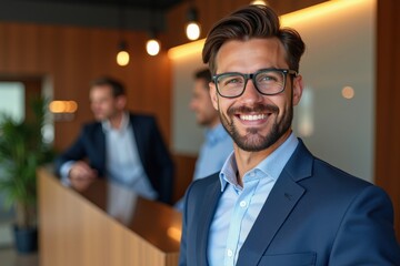 Fototapeta premium A Confident Young Businessman Smiling at the Reception of a Modern Office, Surrounded by Colleagues in Smart Attire, Creating a Professional Atmosphere