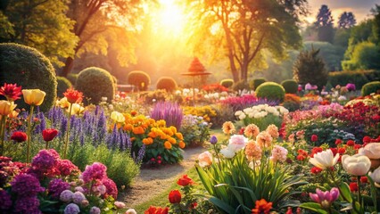 Fototapeta premium Vintage Garden Design: Blooming Flowers in a Sunlit Park