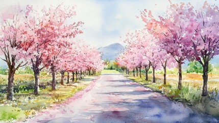 Serene Cherry Blossom Pathway in Watercolor Artistry