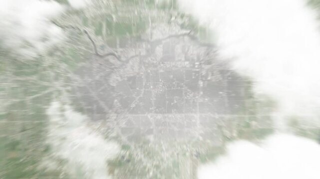 Earth zoom in from space to Pasadena, Texas, USA. Followed by zoom out through clouds and atmosphere into space. Satellite view. Travel intro. Images from NASA