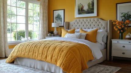 A beautifully designed bedroom with a cozy atmosphere, featuring a bed adorned with vibrant yellow accents, large windows, and elegant decor.