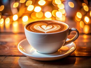 Fototapeta premium Vintage Heart Latte Art Coffee in White Cup - Retro Coffee Shop Aesthetic Stock Photo