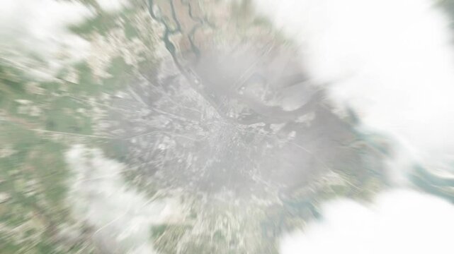 Earth zoom in from space to Savannah, Georgia, USA. Followed by zoom out through clouds and atmosphere into space. Satellite view. Travel intro. Images from NASA