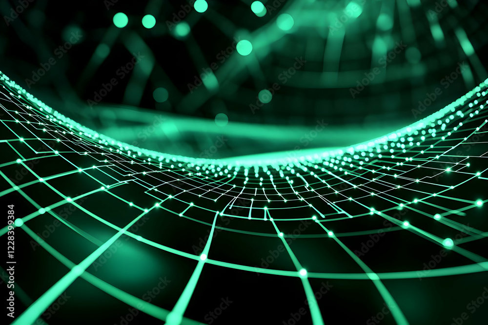 Poster Abstract 3D Green Grid Waves on a Black Background Creating a Futuristic Digital Landscape