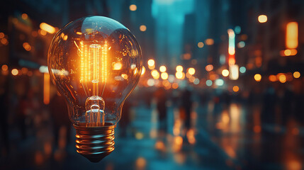 A glowing light bulb as a symbol of innovative breakthrough, representing creative thinking, genius, and smart marketing strategy with minimalistic design and blurred background for a modern business 