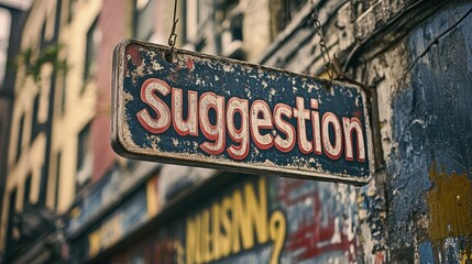 Vintage Metal Suggestion Sign on Urban Building Wall Featuring Weathered Texture and Faded Paint Colors from City Street Environment
