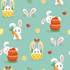 Easter seamless. pattern design. Cute vector rabbits cartoons with eggs, carrot, basket, flower and hearts. 