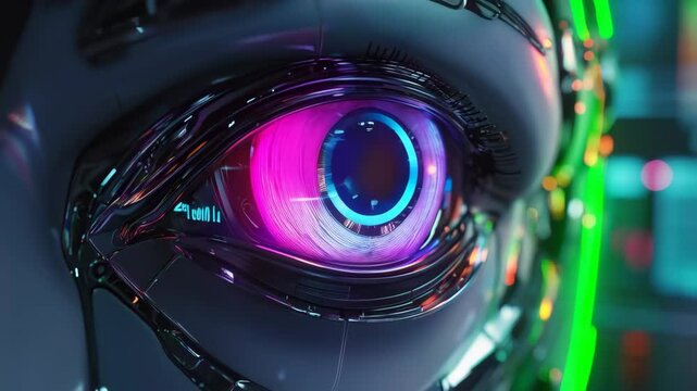 3d animation close-up of moving and blinking blue eye of humanoid robot. Concept of AI artificial intelligence and machine learning. 