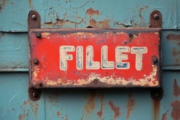 The rustic vintage sign with the word "FILLET" prominently displayed on a weathered metal plate evokes nostalgia and the passage of time