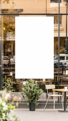 Blank White Advertisement Sign on a Storefront Window Displays Outside with Plants and Table