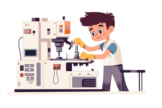 Young cartoon boy operating industrial machine in workshop