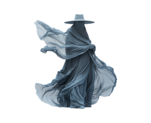 Mysterious Figure in Flowing Fabric with Hat