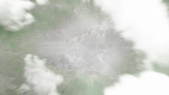 Earth zoom in from space to El Monte, California, USA. Followed by zoom out through clouds and atmosphere into space. Satellite view. Travel intro. Images from NASA