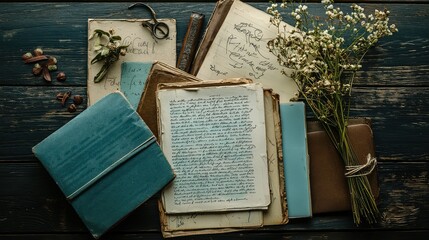 Obraz premium Vintage Writing Materials with Flowers and Old Manuscripts on Table