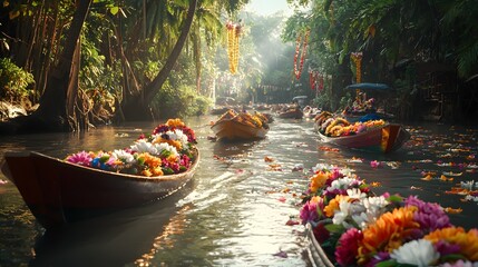 Obraz premium Colorful boats adorned with flower garlands floating on a lush tropical river in a Songkran festival setting The serene waterway reflects the vibrant floral and festive atmosphere of this traditional