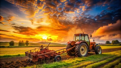 Fototapeta premium Vintage Orange Rotary Cultivator Double Exposure Farm Sunset Stock Photo