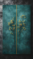 Two yellow flower branches decorate a textured teal background with gold accents