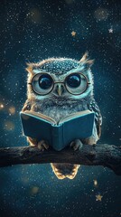 Fototapeta premium Wise Owl Reading a Book Under a Starry Night Sky