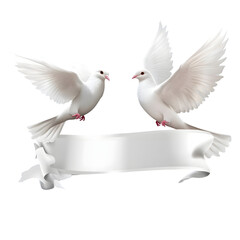Fototapeta premium Two White Doves Holding a Blank Scroll Banner, Symbol of Peace and Freedom, Isolated on Transparent Background