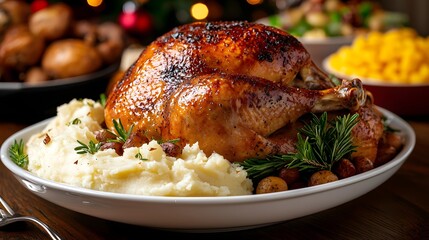 family gathering around a beautifully decorated table to share a festive holiday dinner with a roasted turkey mashed potatoes and other traditional seasonal dishes