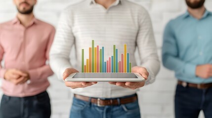 Financial planner presenting investment strategies and vibrant financial charts displayed on a modern tablet device to clients in a dynamic and collaborative office environment