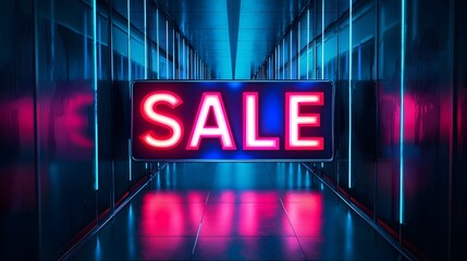 Futuristic glowing holographic Sale text poster displayed on a sleek metallic background  Digital advertisement or promotion concept with modern hi tech design elements