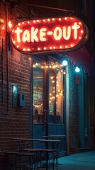 Retro-style image of a quaint urban take-out restaurant entrance illuminated by a vintage neon sign...