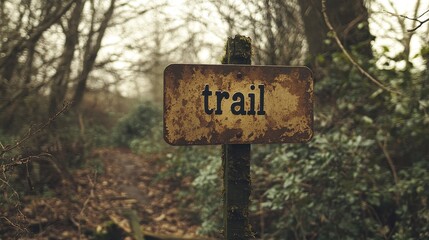 Trail Sign in Rustic Forest Setting Surrounded by Dense Foliage and Leaf-Strewn Path on a Cloudy Day, Evoking a Sense of Adventure and Exploration