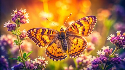 Fototapeta premium Vintage Photo of a Pearl Crescent Butterfly (Phyciodes tharos) on Wildflowers