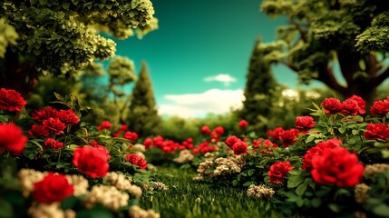 Vibrant garden scene showcasing blooming red roses amidst lush greenery under a clear sky