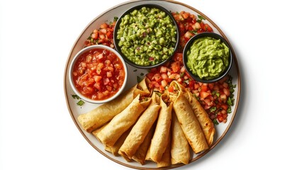 Crispy taquitos served with fresh pico de gallo, guacamole, and salsa. Perfect for Mexican food blogs, restaurant menus, or any related content.