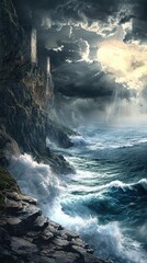Dramatic Coastal Landscape with Castle Ruins and Stormy Skies