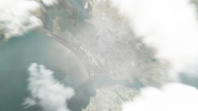 Earth zoom in from space to Vallejo, California, USA. Followed by zoom out through clouds and atmosphere into space. Satellite view. Travel intro. Images from NASA