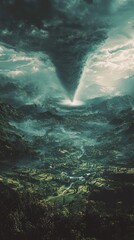 Obraz premium Dark Tornado Forming Over Lush Green Valley Under Dramatic Skies