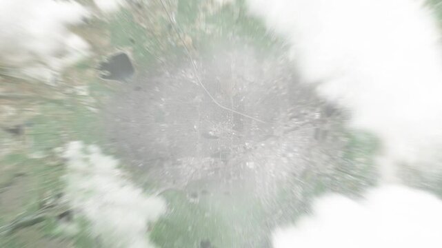 Earth zoom in from space to Westminster, Colorado, USA. Followed by zoom out through clouds and atmosphere into space. Satellite view. Travel intro. Images from NASA