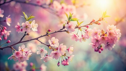 Obraz premium Vintage Photo: Single Cherry Blossom Branch Swaying in Gentle Breeze