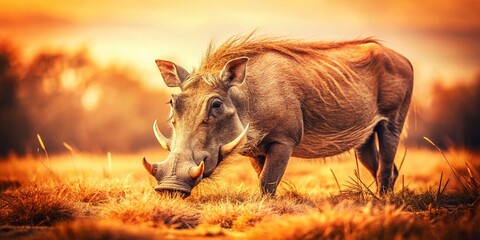 Fototapeta na wymiar Vintage Photo: Warthog Feeding in African Savanna - Wildlife Nature Scene