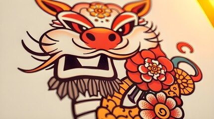 Close-up shot, Happy Lunar New Year, symbolic traditional tattoo art print, vibrant colors, retro flair, complex ornamental details, white background, soft golden hour light 