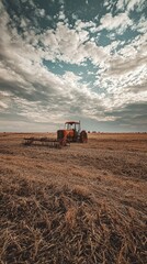 Obraz premium Vintage Tractor in Golden Wheat Field Under Dramatic Cloudy Sky