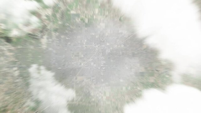 Earth zoom in from space to Clovis, California, USA. Followed by zoom out through clouds and atmosphere into space. Satellite view. Travel intro. Images from NASA