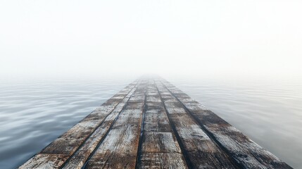 Wooden pier into misty lake, tranquil background, journey concept