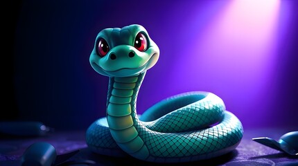 Fototapeta premium Cool color palette image with intense dramatic lighting featuring a cute cartoon Chinese snake high contrast, blues, greens, purples, creates tension, detailed scales 