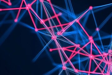 Abstract Network Forms a Complex Structure of Interconnected Pink and Blue Lines on Dark Background