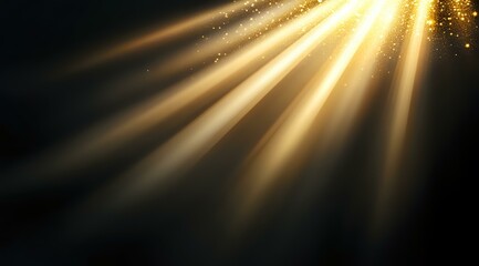 Obraz premium Golden light rays shine through darkness with glowing particles and lens flare effect, creating dramatic atmospheric background for spiritual designs.